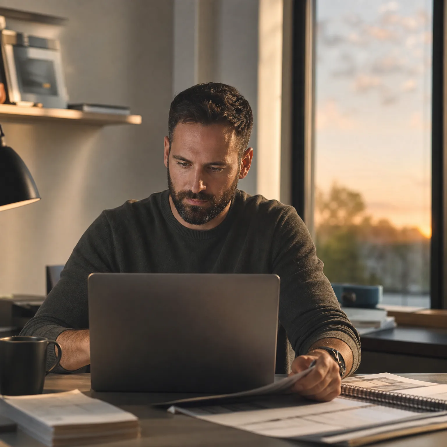 A bearded man in a dark sweater sits at a desk with an open laptop, papers and a spiral notebook, and a dark mug, beside a large window showing trees at sunset.