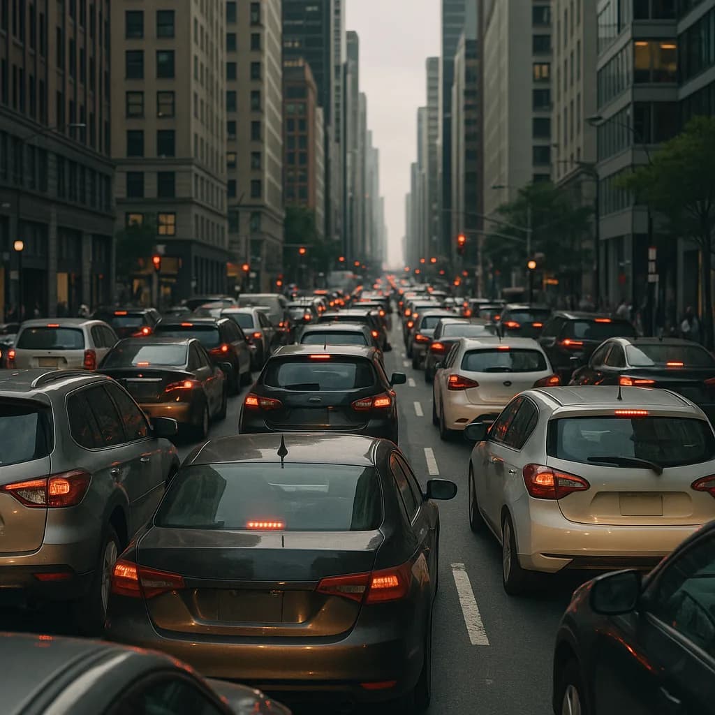 Heavy traffic congestion on a multi-lane city street with tall buildings and glowing brake lights